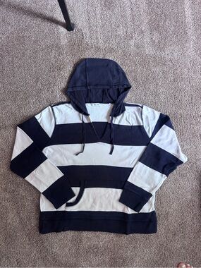Striped Navy and White Hooded Pullover Sweatshirt